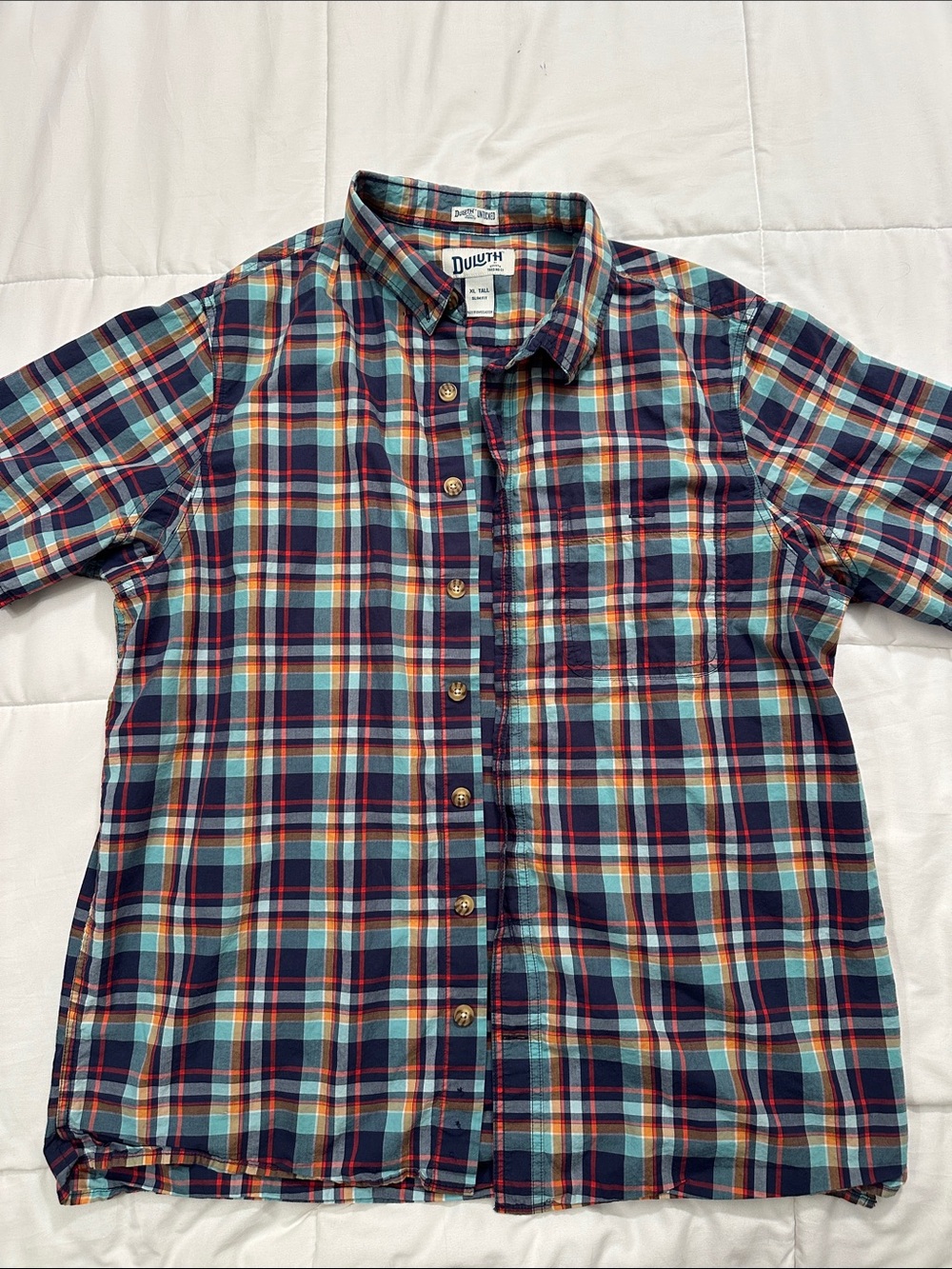 Duluth Trading Co Navy, Teal and Red Plaid Short-Sleeve Button Shirt